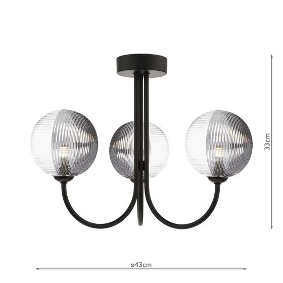 Där Lighting Jared 3 Light Semi-Flush Matt Black & Smoked/Clear Ribbed Glass