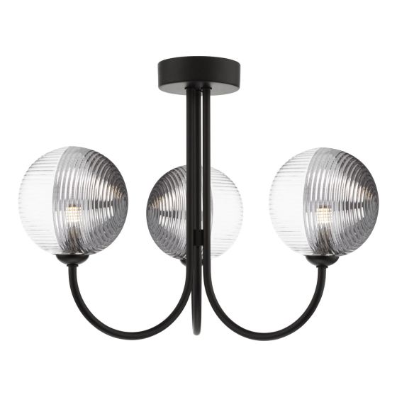 där lighting Jared 3 Light Semi-Flush Matt Black & Smoked/Clear Ribbed Glass