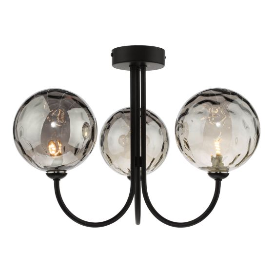 där lighting Jared 3 Light Semi Flush Matt Black Smoked Dimpled Glass