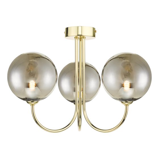 där lighting Jared 3 Light Semi-Flush Polished Gold and Large Smoked Glass