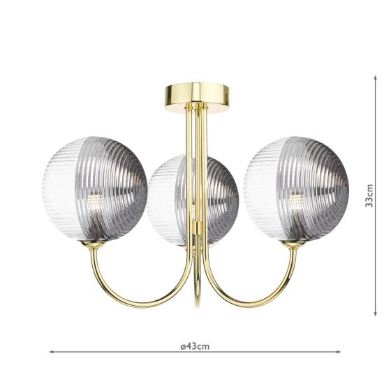 Där Lighting Jared 3 Light Semi-Flush Polished Gold & Smoked/Clear Ribbed Glass