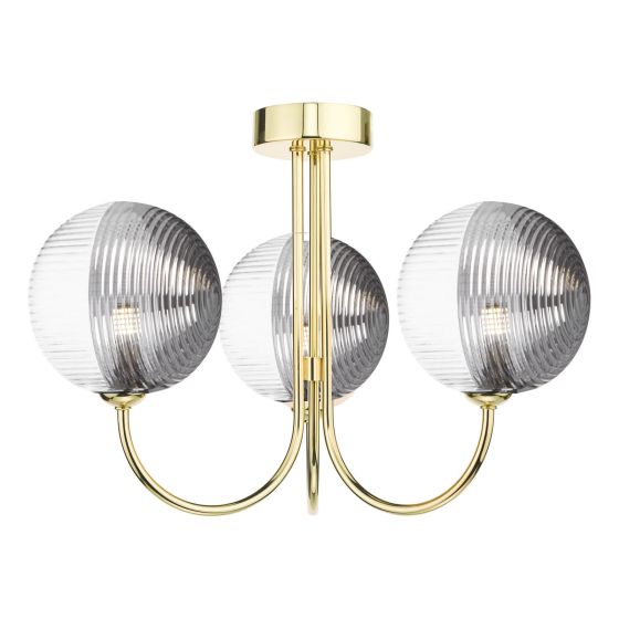 där lighting Jared 3 Light Semi-Flush Polished Gold & Smoked/Clear Ribbed Glass