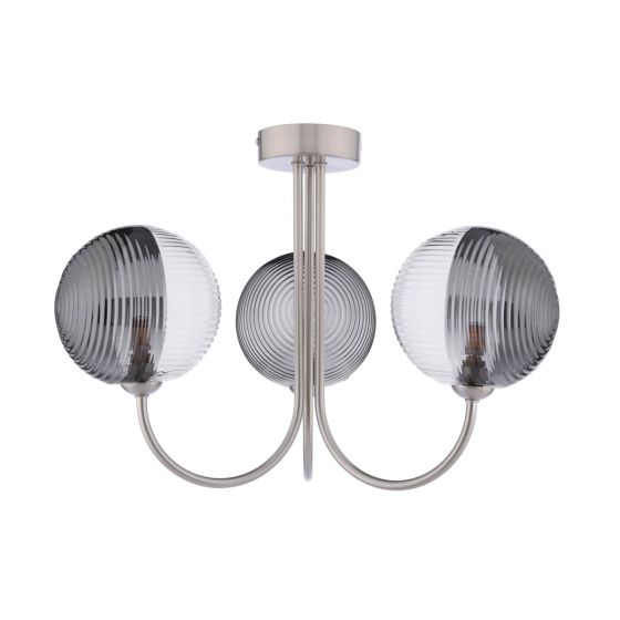 Där Lighting Jared 3 Light Semi-Flush Satin Nickel & Smoked/Clear Ribbed Glass