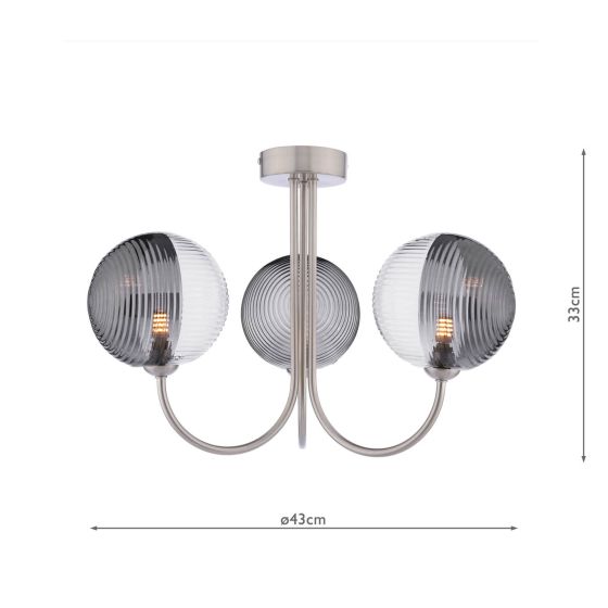 Där Lighting Jared 3 Light Semi-Flush Satin Nickel & Smoked/Clear Ribbed Glass