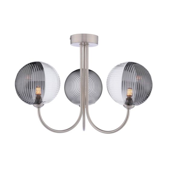 där lighting Jared 3 Light Semi-Flush Satin Nickel & Smoked/Clear Ribbed Glass