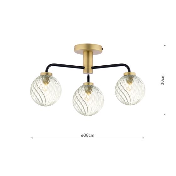 Där Lighting Lainey 3 Light Semi-Flush Matt Black & Twisted Glass