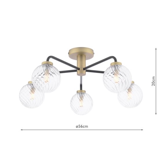 Där Lighting Lainey 5 Light Semi-Flush Matt Black & Twisted Glass