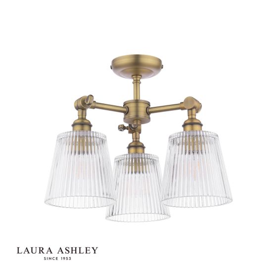 Där Lighting Laura Ashley Callaghan 3 Light Semi-Flush Matt Antique Brass And Ribbed Glass