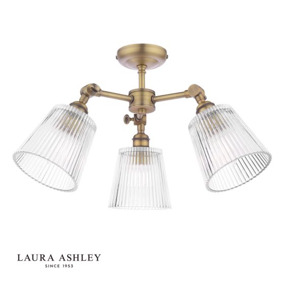 Där Lighting Laura Ashley Callaghan 3 Light Semi-Flush Matt Antique Brass And Ribbed Glass