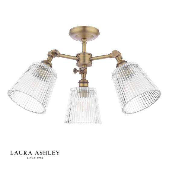 Där Lighting Laura Ashley Callaghan 3 Light Semi-Flush Matt Antique Brass And Ribbed Glass