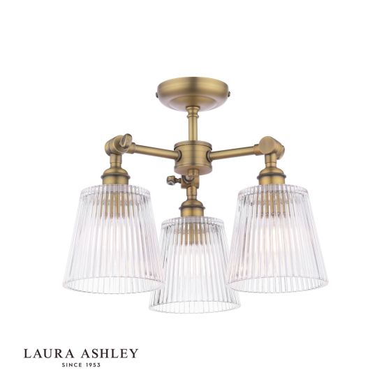 där lighting Laura Ashley Callaghan 3 Light Semi-Flush Matt Antique Brass and Ribbed Glass