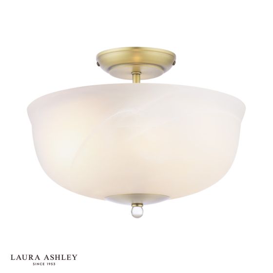 där lighting Laura Ashley Cossington 2 Light Semi-Flush Matt Antique Brass and White Marble Effect Glass