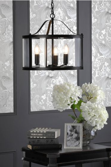 Där Lighting Laura Ashley Harrington 3 Light Pendant Matt Black And Glass