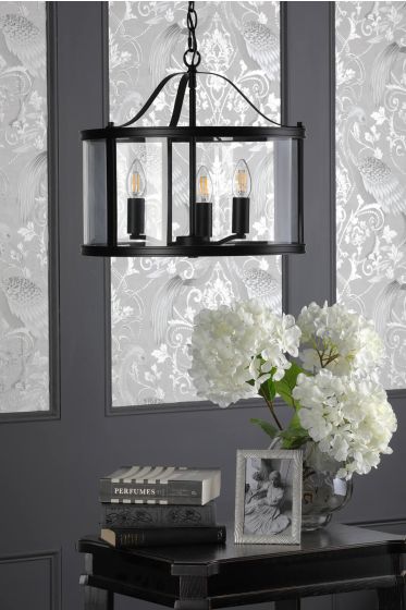 Där Lighting Laura Ashley Harrington 3 Light Pendant Matt Black And Glass