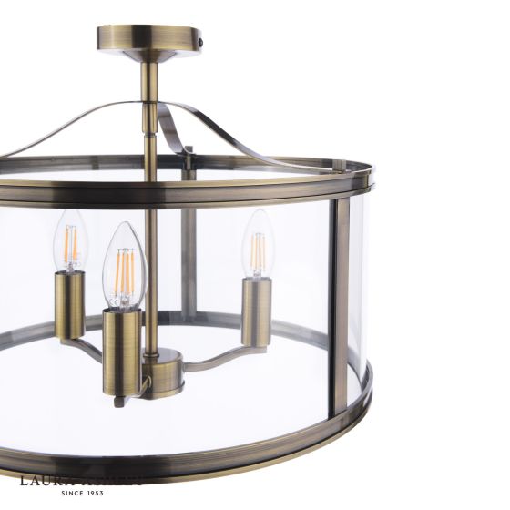 Där Lighting Laura Ashley Harrington 3 Light Semi-Flush Antique Brass And Glass