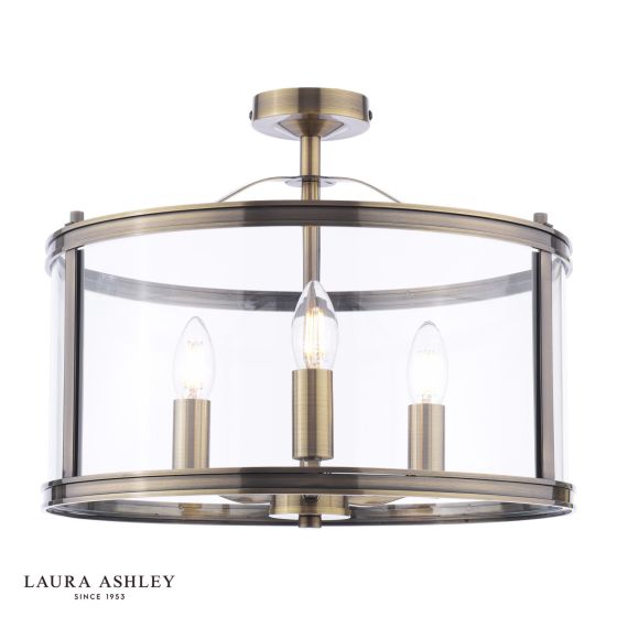 där lighting Laura Ashley Harrington 3 Light Semi-Flush Antique Brass and Glass