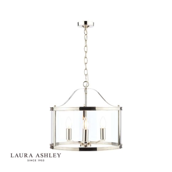där lighting Laura Ashley Harrington 3lt Pendant Polished Nickel Glass