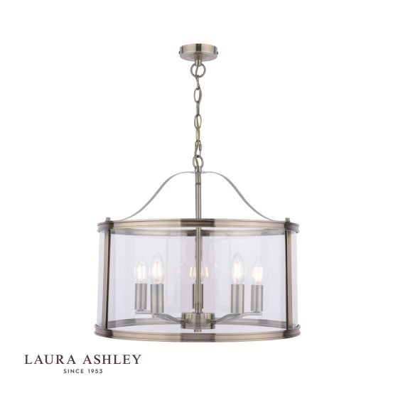 där lighting Laura Ashley Harrington 5 Light Pendant Antique Brass & Glass