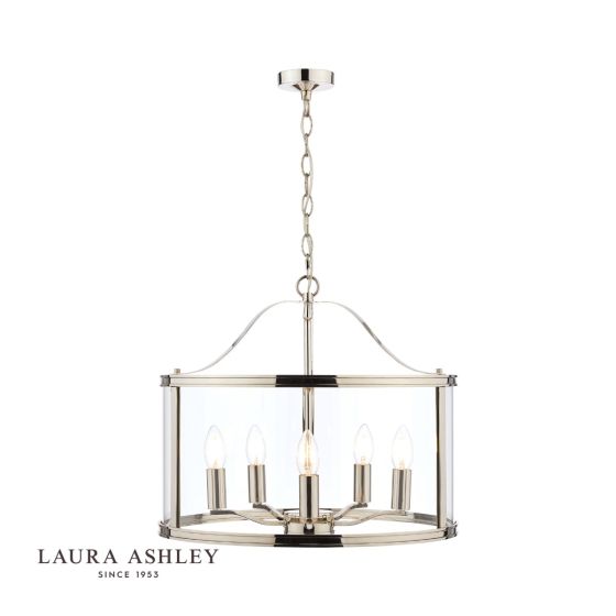 där lighting Laura Ashley Harrington 5lt Pendant Polished Nickel Glass