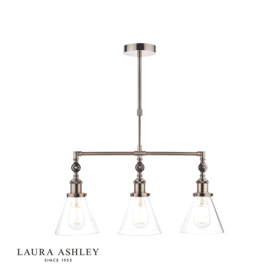 där lighting Laura Ashley Isaac 3lt Bar Pendant Satin Nickel Glass
