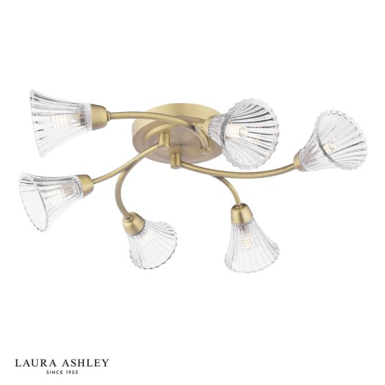 där lighting Laura Ashley Lanton 6 Light Semi-Flush Matt Antique Brass and Ribbed Glass