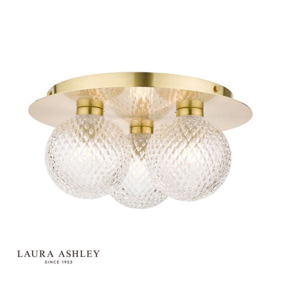 där lighting Laura Ashley Prague 3lt Flush Bathroom Light Glass Satin Brass IP44