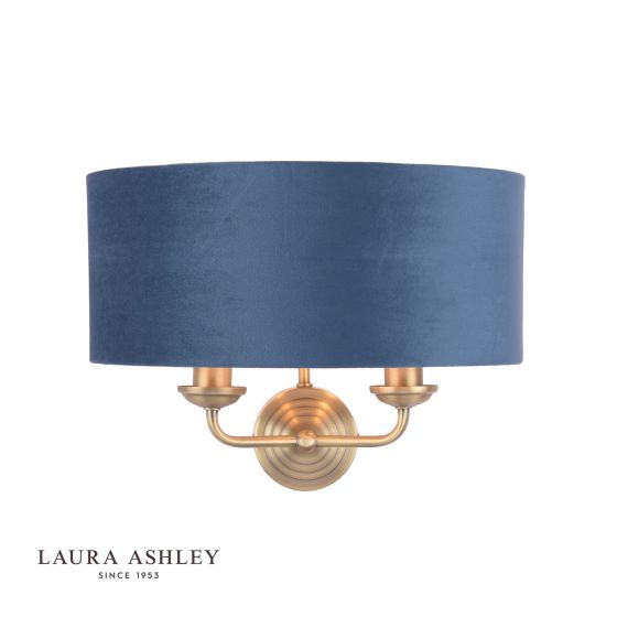 där lighting Laura Ashley Sorrento 2 Light Wall Light Matt Antique Brass & Blue Shade