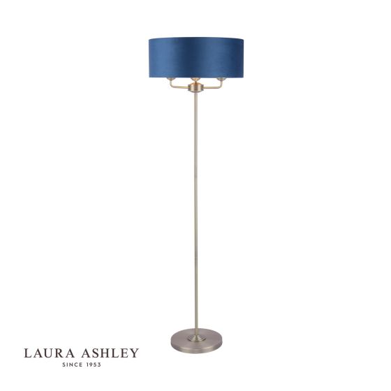 där lighting Laura Ashley Sorrento 3 Light Floor Lamp Matt Antique Brass & Blue Shade