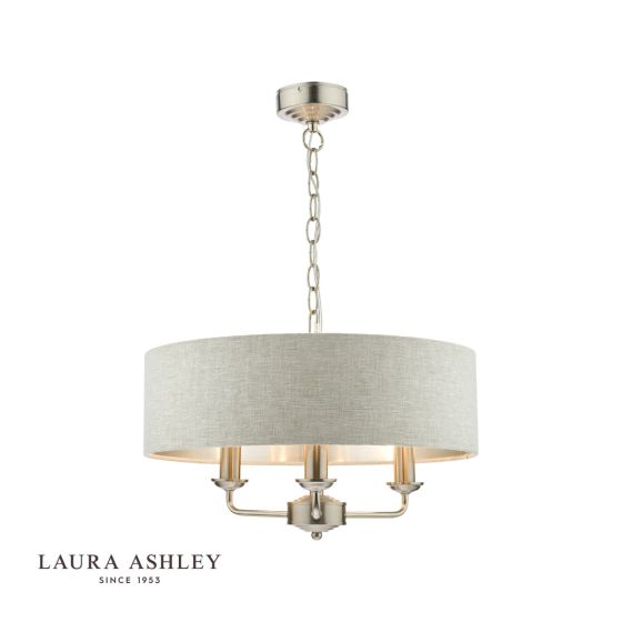 där lighting Laura Ashley Sorrento 3 Light Pendant Satin Nickel With Natural Shade