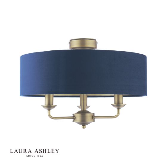 Där Lighting Laura Ashley Sorrento 3 Light Semi-Flush Matt Antique Brass With Blue Shade