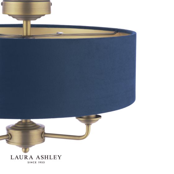Där Lighting Laura Ashley Sorrento 3 Light Semi-Flush Matt Antique Brass With Blue Shade