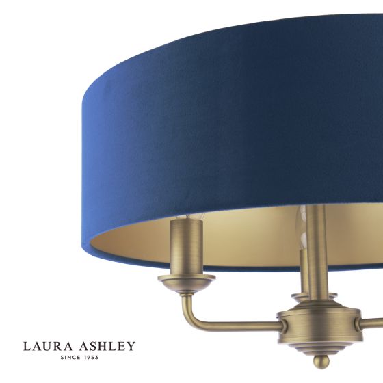 Där Lighting Laura Ashley Sorrento 3 Light Semi-Flush Matt Antique Brass With Blue Shade