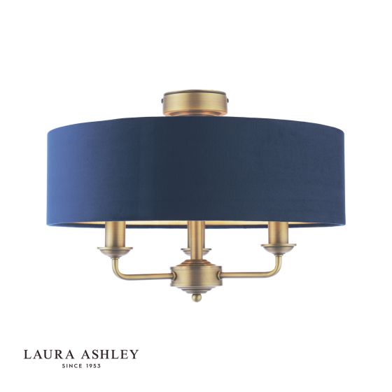 där lighting Laura Ashley Sorrento 3 Light Semi-Flush Matt Antique Brass With Blue Shade
