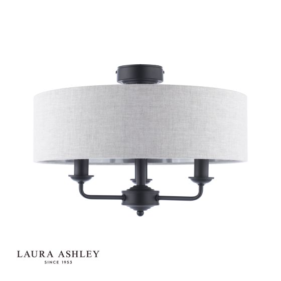 Där Lighting Laura Ashley Sorrento 3 Light Semi-Flush Matt Black With Natural Shade