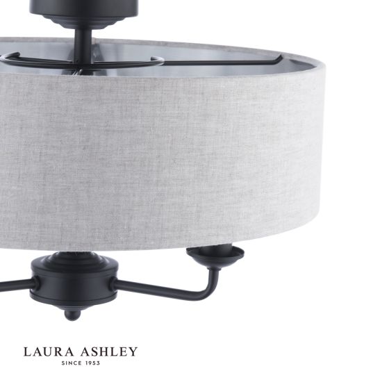 Där Lighting Laura Ashley Sorrento 3 Light Semi-Flush Matt Black With Natural Shade