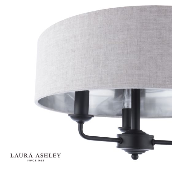 Där Lighting Laura Ashley Sorrento 3 Light Semi-Flush Matt Black With Natural Shade