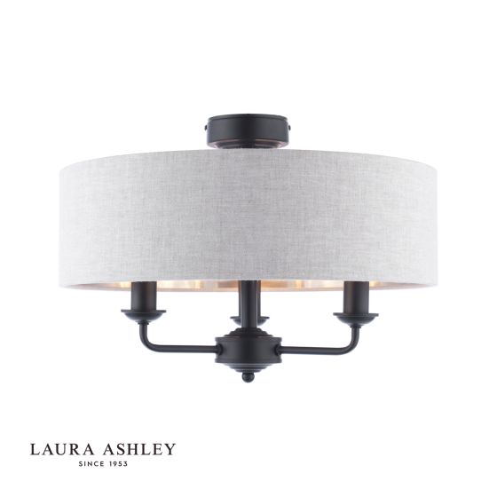 där lighting Laura Ashley Sorrento 3 Light Semi-Flush Matt Black With Natural Shade