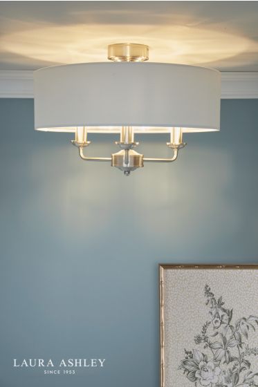 Där Lighting Laura Ashley Sorrento 3 Light Semi-Flush Satin Nickel And Natural With Shade