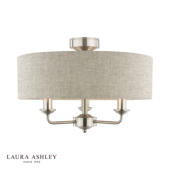där lighting Laura Ashley Sorrento 3 Light Semi-Flush Satin Nickel and Natural With Shade
