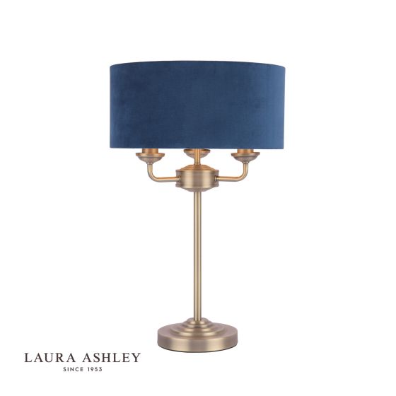 där lighting Laura Ashley Sorrento 3 Light Table Lamp Antique Brass & Blue Shade