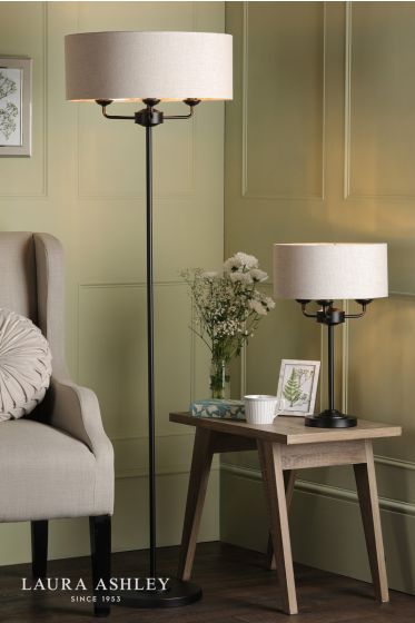 Där Lighting Laura Ashley Sorrento 3 Light Table Lamp Matt Black And Natural With Shade