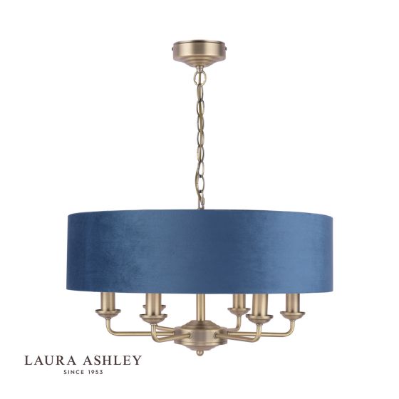 Där Lighting Laura Ashley Sorrento 6 Light Pendant Matt Antique Brass & Blue Shade