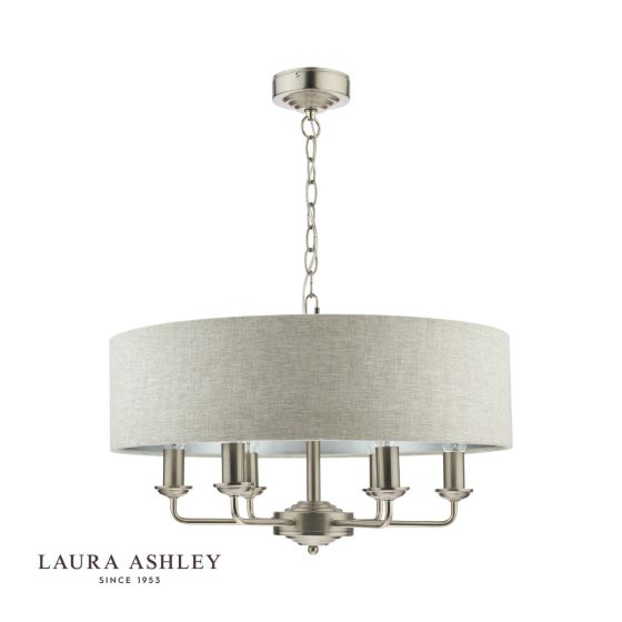Där Lighting Laura Ashley Sorrento 6 Light Pendant Satin Nickel With Natural Shade
