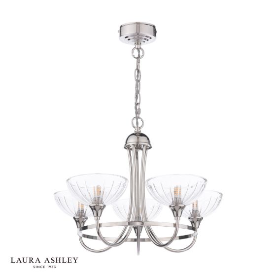 Där Lighting Laura Ashley Wellham 5 Light Armed Pendant Polished Nickel And Ribbed Glass
