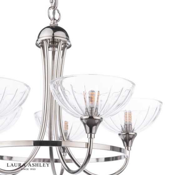 Där Lighting Laura Ashley Wellham 5 Light Armed Pendant Polished Nickel And Ribbed Glass