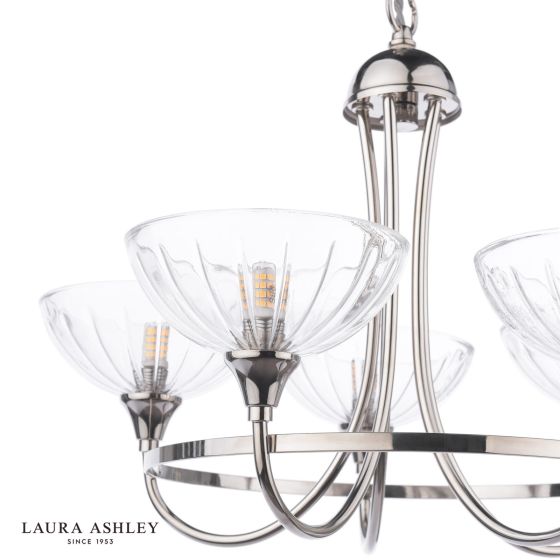 Där Lighting Laura Ashley Wellham 5 Light Armed Pendant Polished Nickel And Ribbed Glass