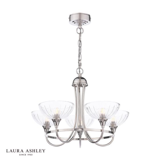 där lighting Laura Ashley Wellham 5 Light Armed Pendant Polished Nickel and Ribbed Glass