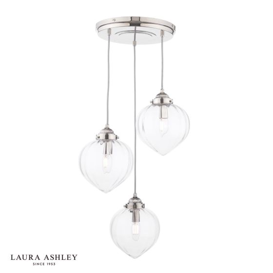 där lighting Laura Ashley Whitham 3 Light Cluster Pendant Polished Nickel and Ribbed Glass