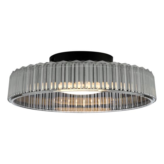 Där Lighting Leena Flush Satin Black And Smoked Ribbed Glass LED