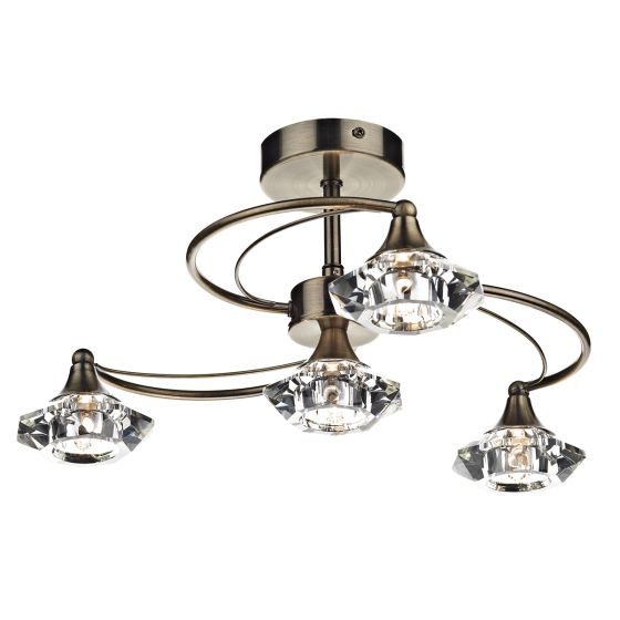 Där Lighting Luther 4 Light Semi Flush Antique Brass Crystal